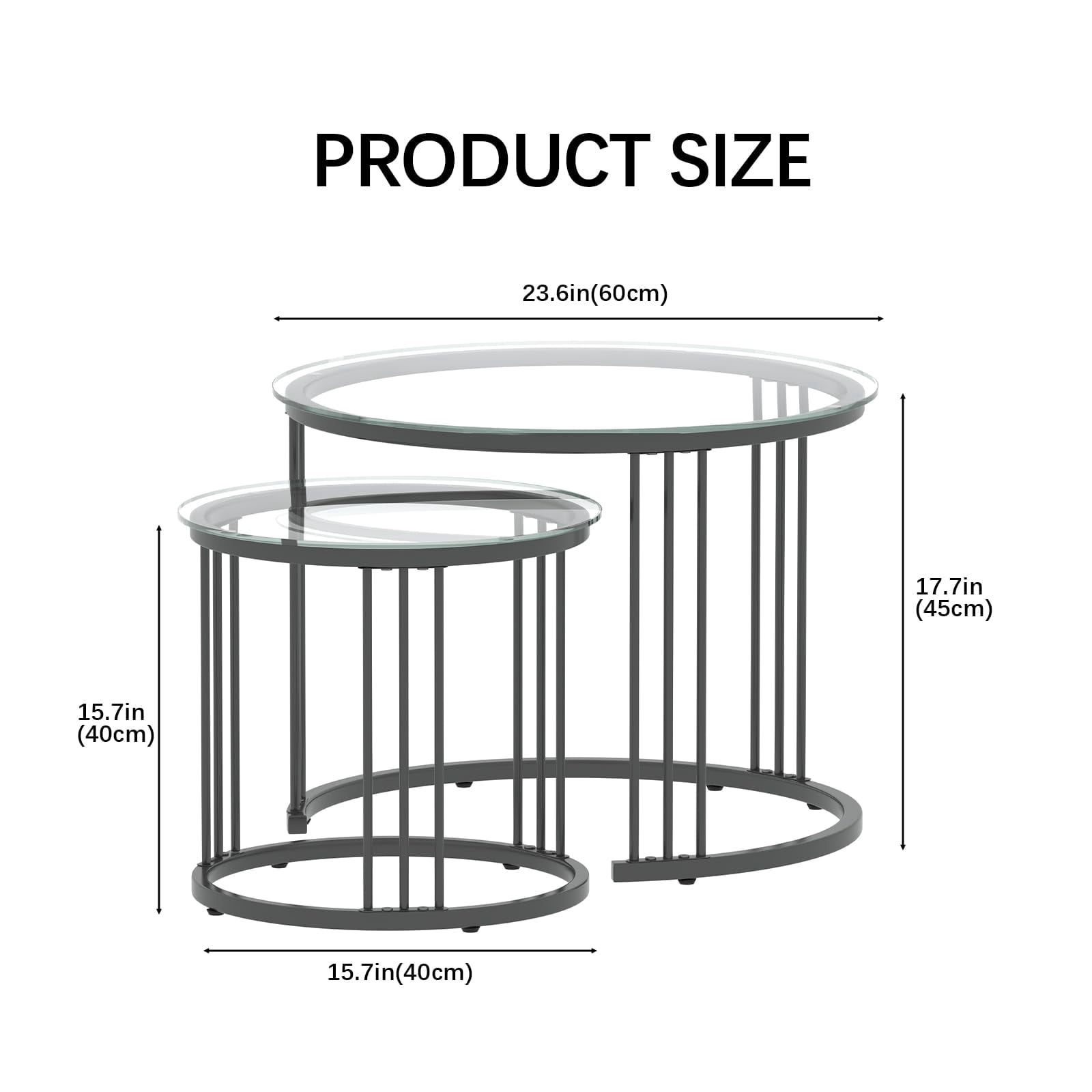 Nesting Coffee Table, 23.6" Round Coffee Table Set of 2, Glass Nesting Table with Metal Frame, Ceter Tables for Living Room Bedroom Balcony, Black