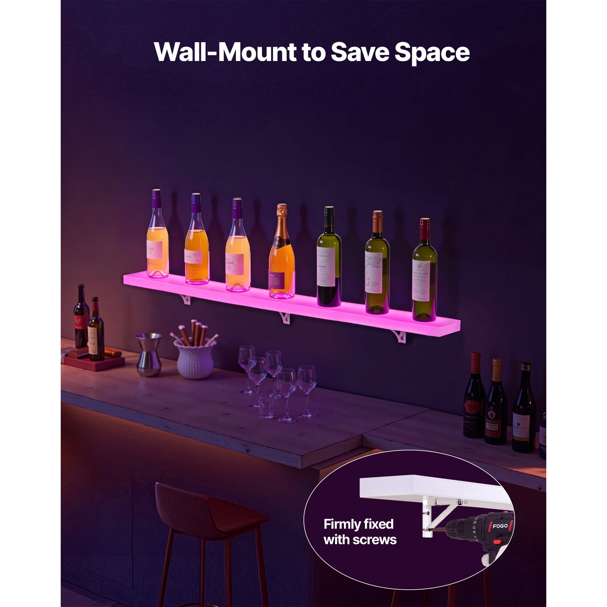 KFFKFF LED Lighted Liquor Bottle Display, 1-Tier 48-Inch Whiskey Rack with USB Support, Illuminated Bar Shelf with RF Remote & App Control, 7 Static Colors, Acrylic Shelf for 12 Bottles