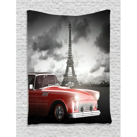 Paris Decor Wall Hanging Tapestry Fancy Vintage Car With Tour Eiffel In Cold Cloudy Day Romantic Theme Retro Style Art Photo Bedroom Living Room