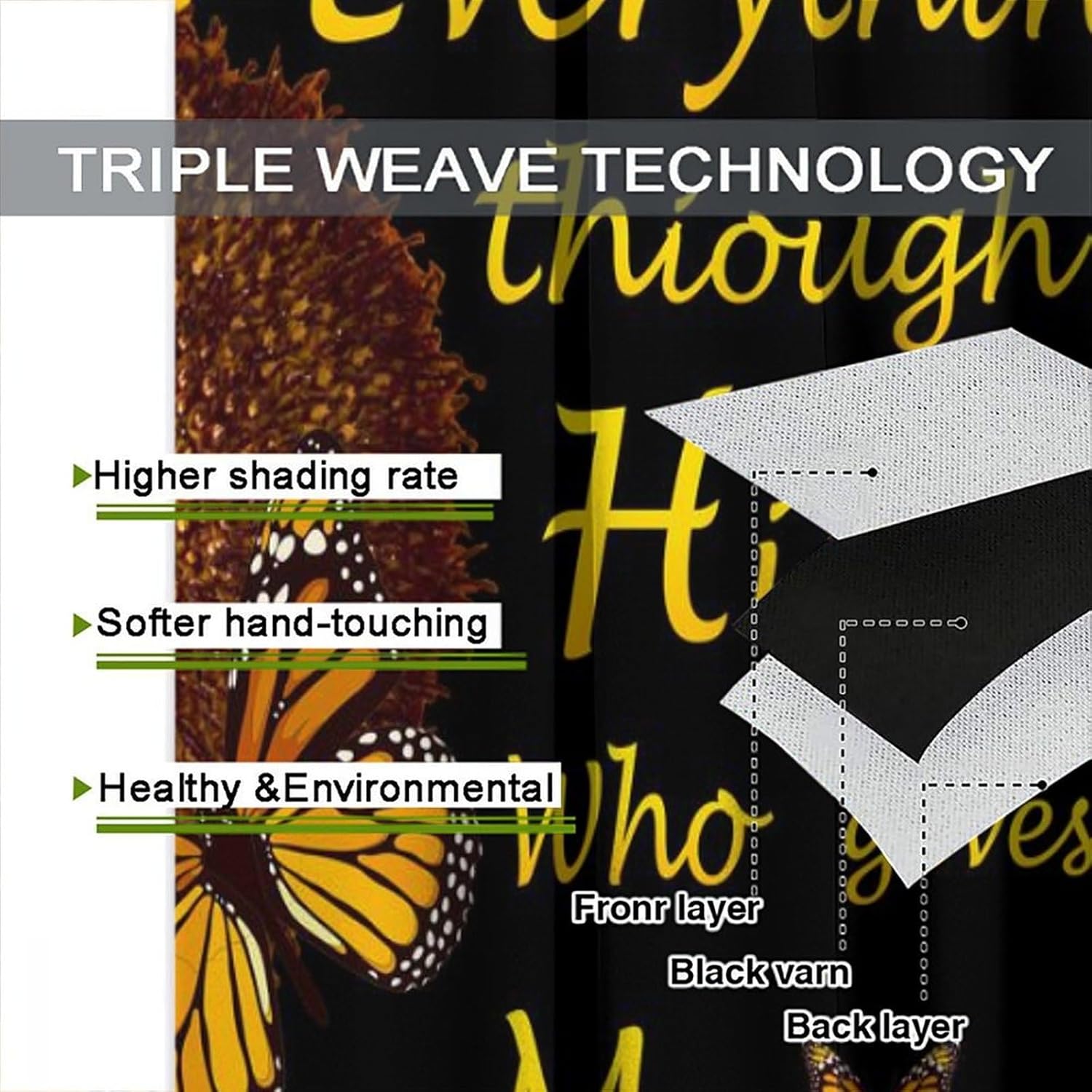 Sunflower Blackout Curtains for Kitchen,Black Pithy Rustic Sunshine Beautiful Wonderful Sunflower Plant Flower Butterfly Window Drapes Print for Kids Girls Bedroom Living Room Bathroom 42x54in