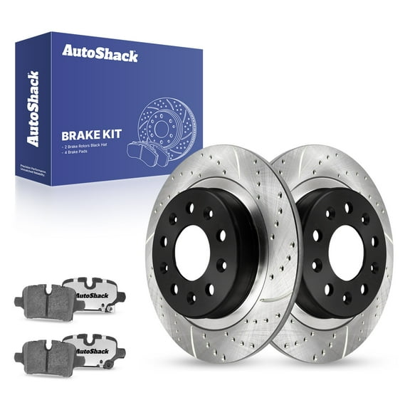 AutoShack 11.34" (288 mm) Rear Solid Drilled & Slotted Brake Rotors E-Coated   Ceramic Brake Pads | Replacement for 2020-2025 Chevrolet Malibu 2021-2024 GMC Terrain | 6-PC Brake Kit | ShadowGuard