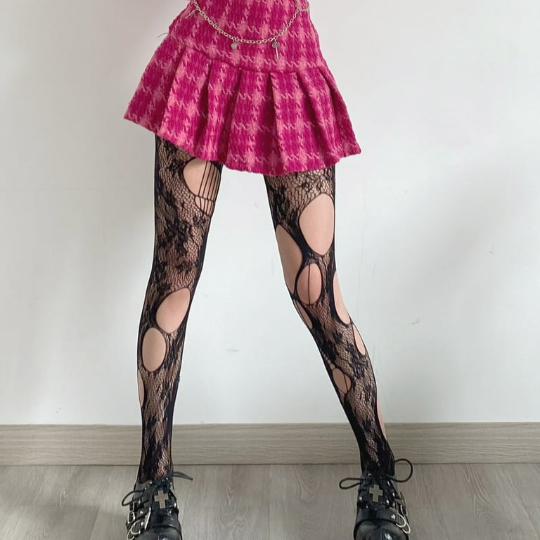 Women Gothic Punk Black Fishnet Pantyhose Lolita Irregular Ripped Beggar  Holes Mesh Tights Floral Patterned Stockings