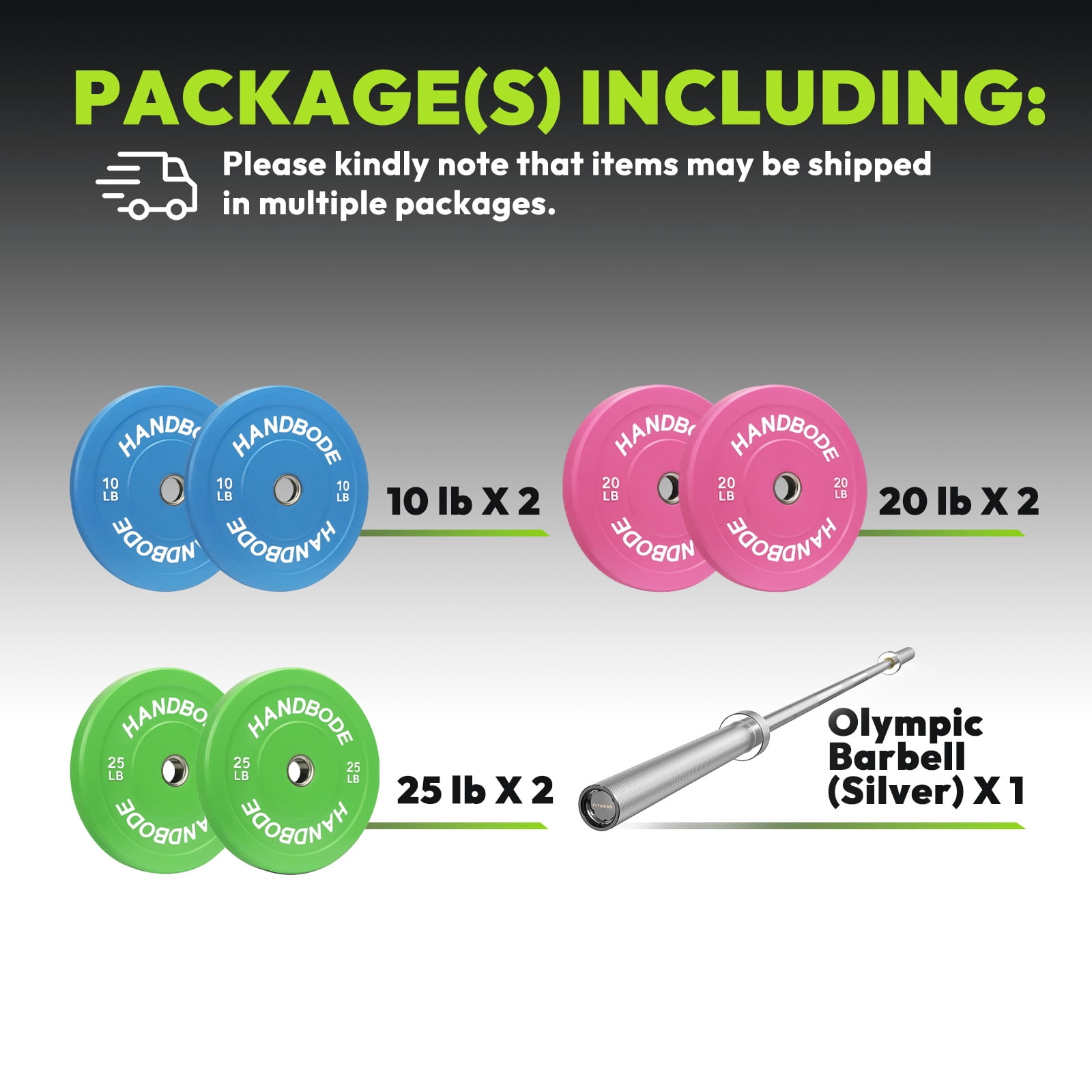HANDBODE Bumper Plates Olympic Weight Plates, Colored crumb rubber plate for Weight Lifting and Strength Training 110LB with 45 lb (20 kg) Silver Barbell