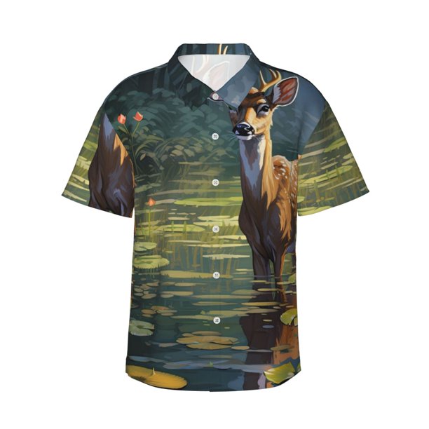 Balery Peaceful Deer Lily Pond Camisas hawaianas de manga corta para hombre, camisas playeras de corte holgado, camisas de vacaciones con botones,Medium