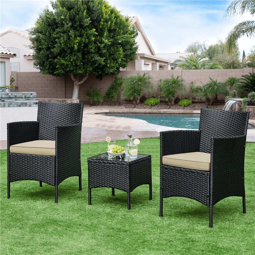Yaheetech Outdoor 3-Piece Patio Rattan Chairs with Cushions and Side Table, Black/Khaki