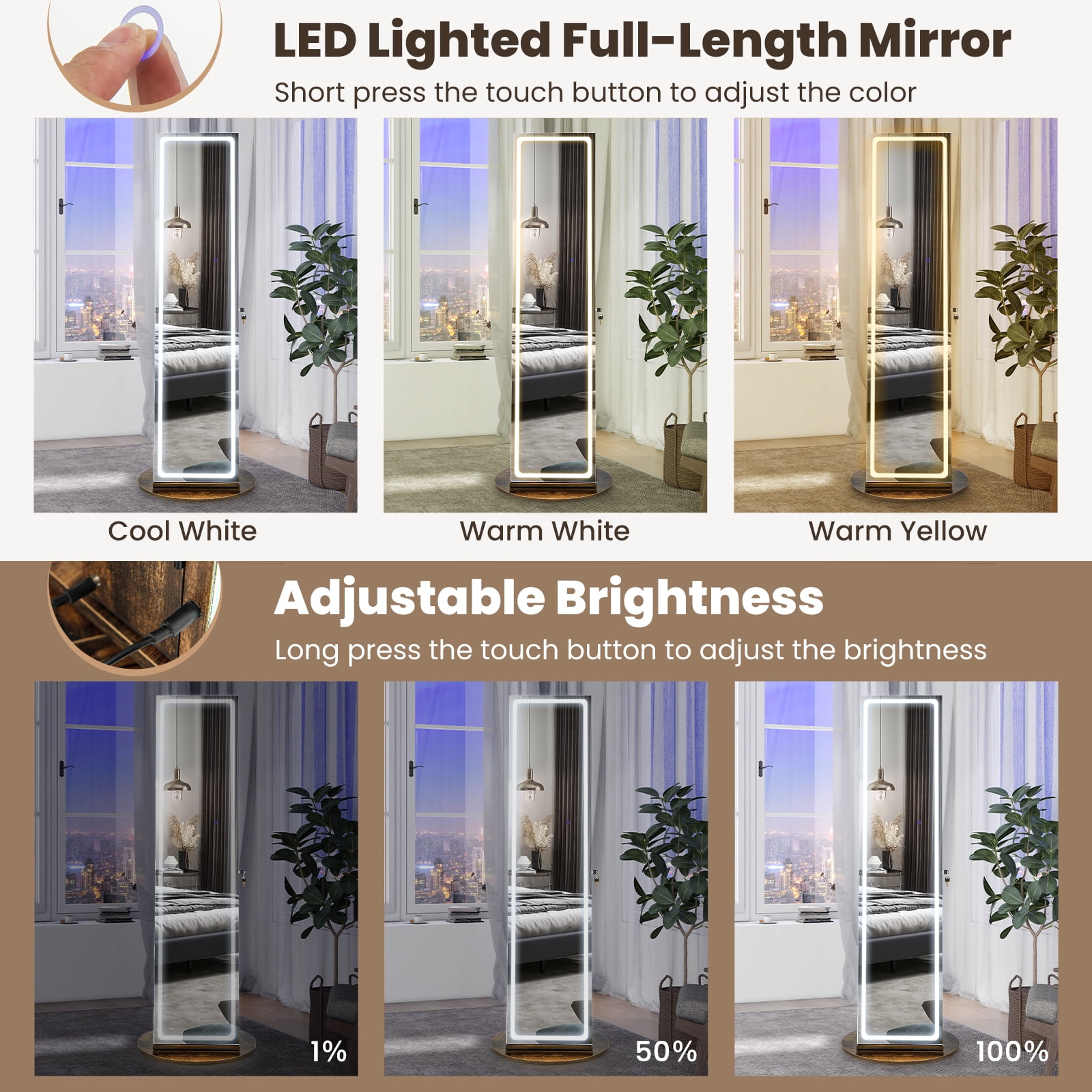 Costway 360° Swivel Jewelry Cabinet Organizer 3-Color LED Mirror with Built-in Lights Coffee