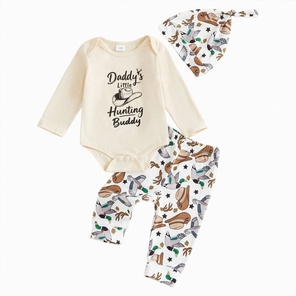 enyan Newborn Baby Boy Summer Clothes Daddy’s Hunting Buddy Deer Printed Long Sleeve Romper Pants Hat 3PCS Set(Beige,12-18 Months)