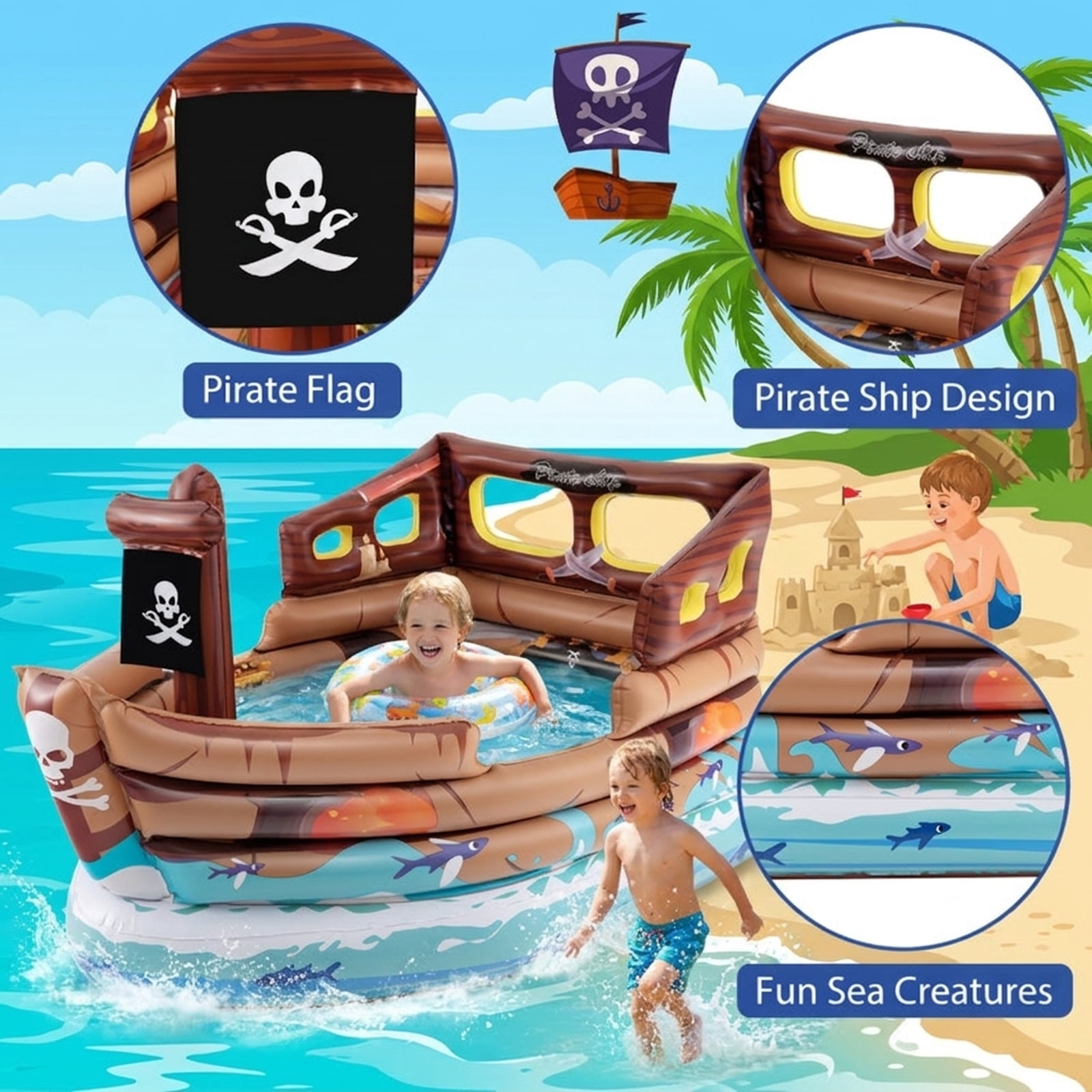 Redsmile Inflatable Pirate Ship Playhouse for Toddlers, Indoor Playground with Built-in Motor, Toy Sword and Pirate Hat, Kids Play Tent for 2 Kids 3+, Christmas Gift, Brown