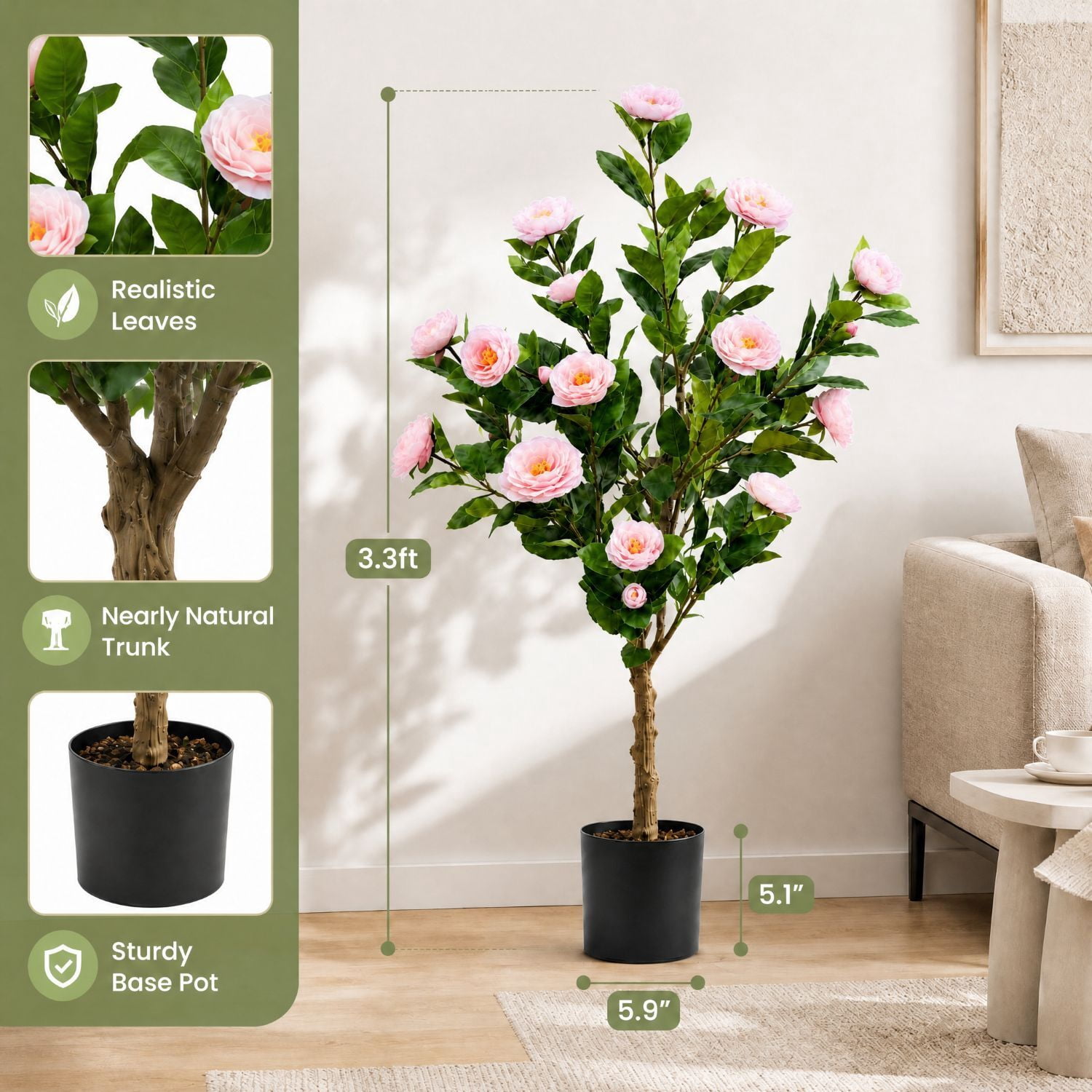 Easy4Home 3.3FT Artificial Flower Plant Fake Camellia Tree Potted Indoor, Pink