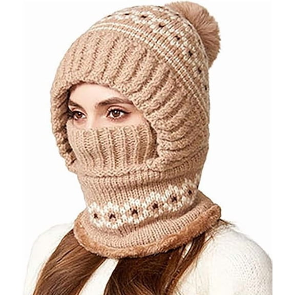 3 in 1 Beanie Hat for Women,Hat with Scarf and Mask,Windproof Balaclava Winter Beanie Fleece Lined Ski Knit Hats Caps(Khaki)