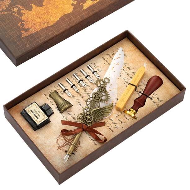 Kit de pluma de inmersión de plumas vintage, 5 puntas de pluma, botella de tinta, sello de cera incluido