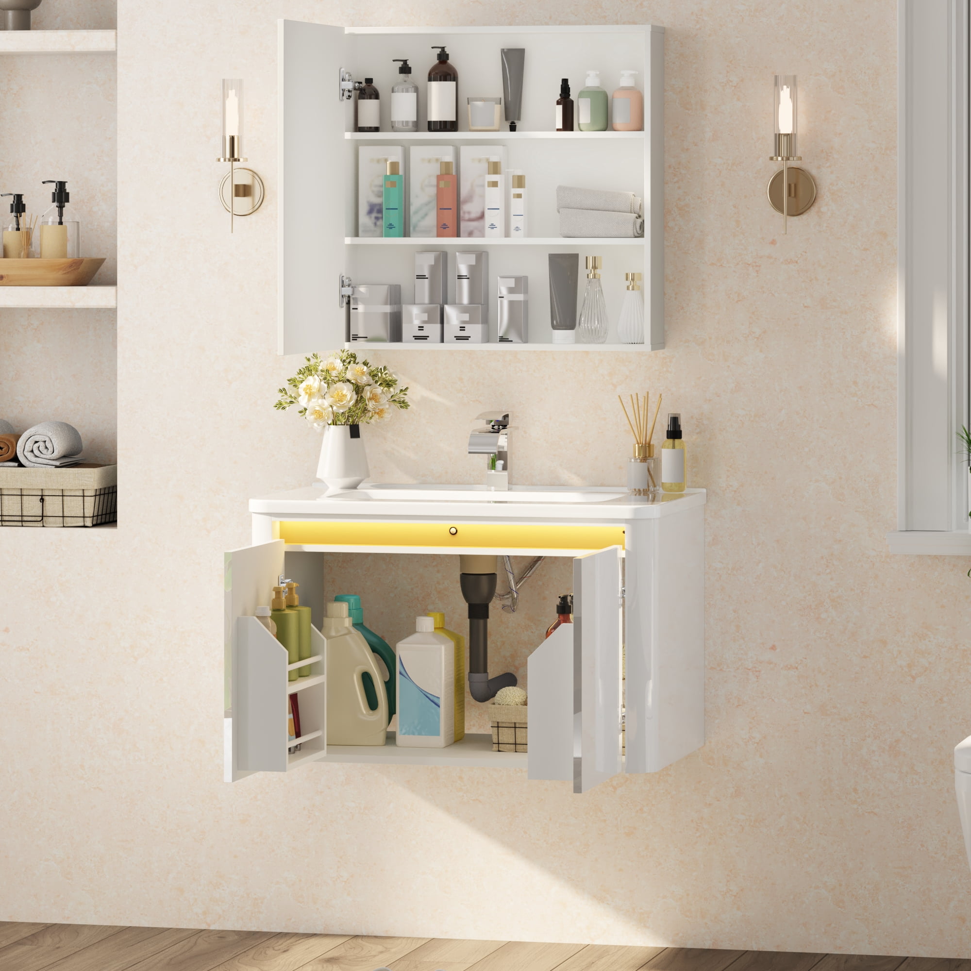 ANPOO 30 Inch Bathroom Vanity with Sink and Mirror Medicine Cabinet,Modern Floating Bathroom Storage Cabinet with 2 Soft Closing Door