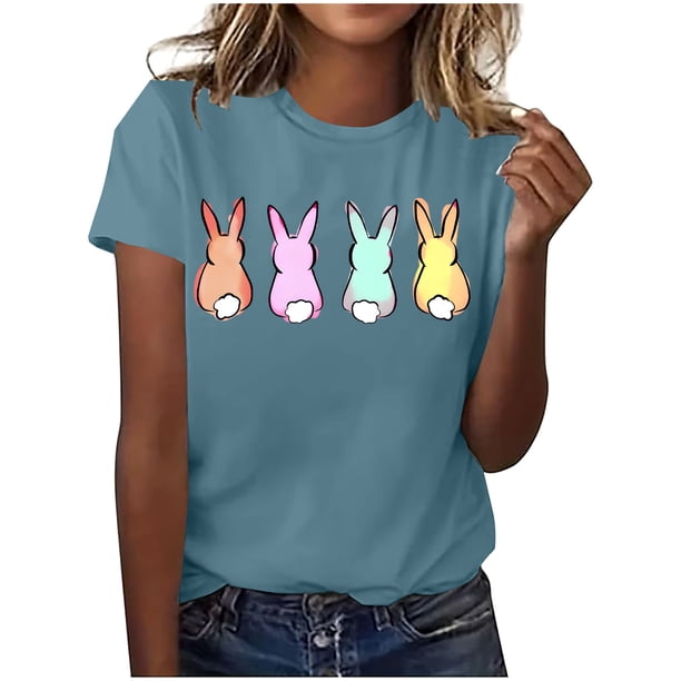 Mujeres Manga Corta de Verano Tops Pascua Impresa Cuello Redondo, Blusa de Moda Casual para la Primavera
