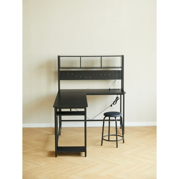 94.5 Inch Home Office Desk L Shape Gaming Desk With Led Storage Shelves Metal Pannel And Stool, Black