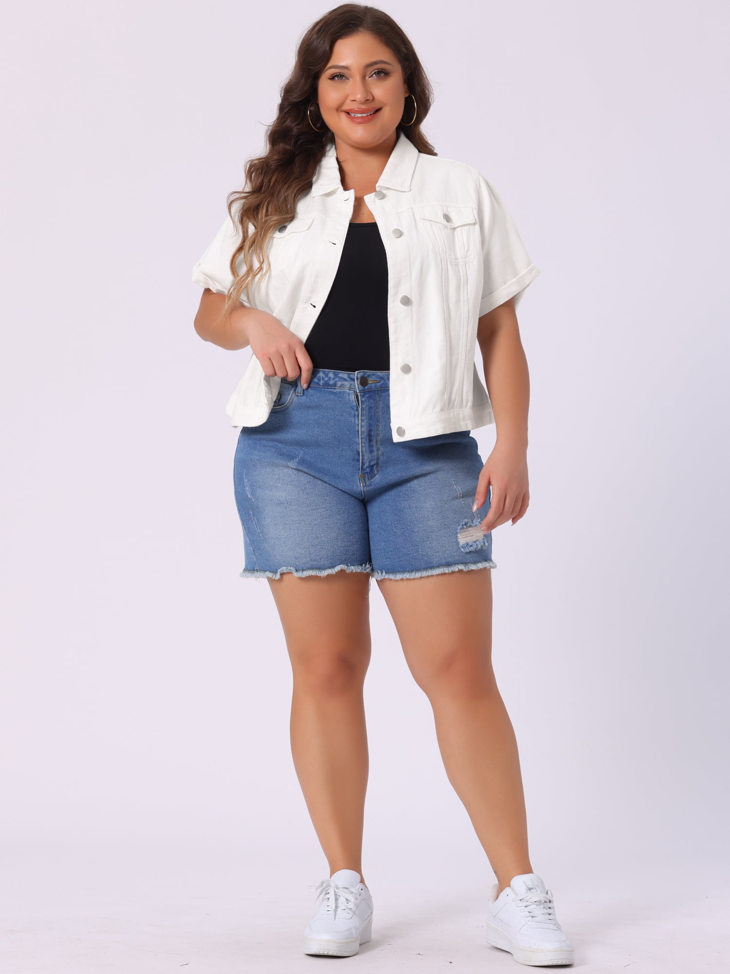 DARING DIVA Women's Plus Size Short Sleeve Lapel Button Denim Jacket 4X White