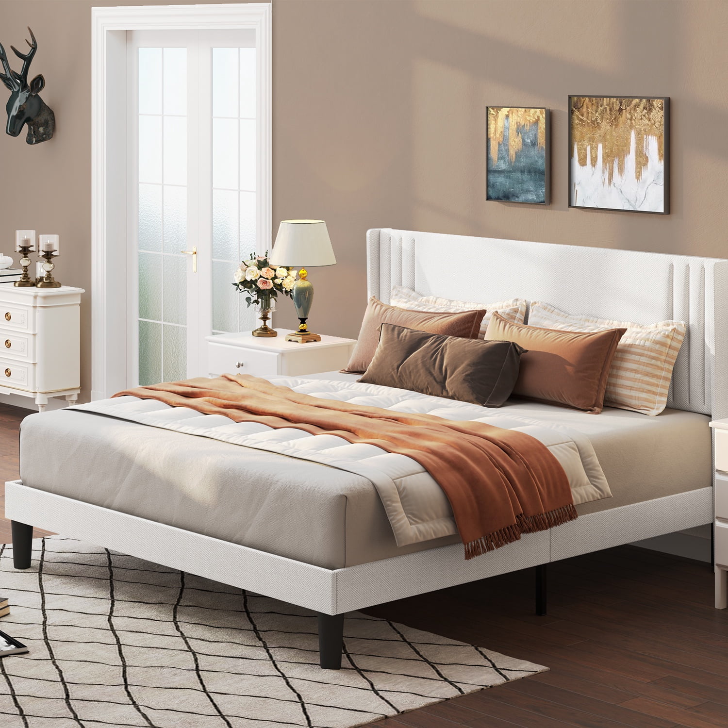 Asofer Queen Bed Frame, Upholstered Platform w/Wingback Headboard & Wood Slats - Quiet, White