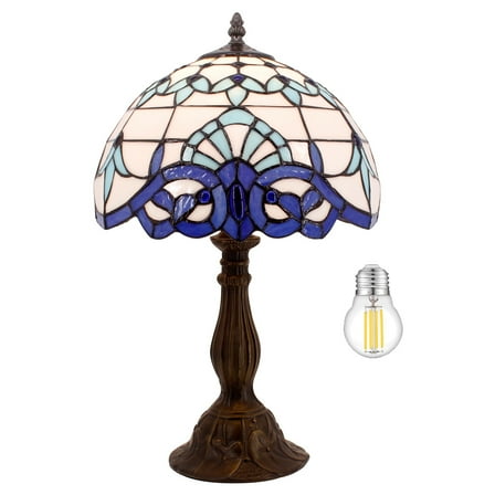Tiffany Table Lamp Bedside Navy Blue Baroque Stained Glass Style Desk Reading Light 18" Inch Tall Living Bedroom Vintage Memory Sympathy Library Banker Boho Victorian Type