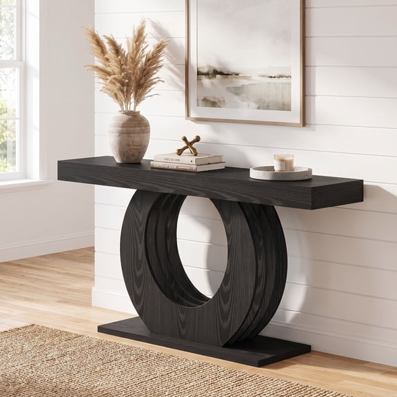 Fnova 63‑Inch Modern Console Table, Circular‑Ring Pedestal Sofa Table, Geometric Accent Furniture for Entryway, Hallway, Living‑Room