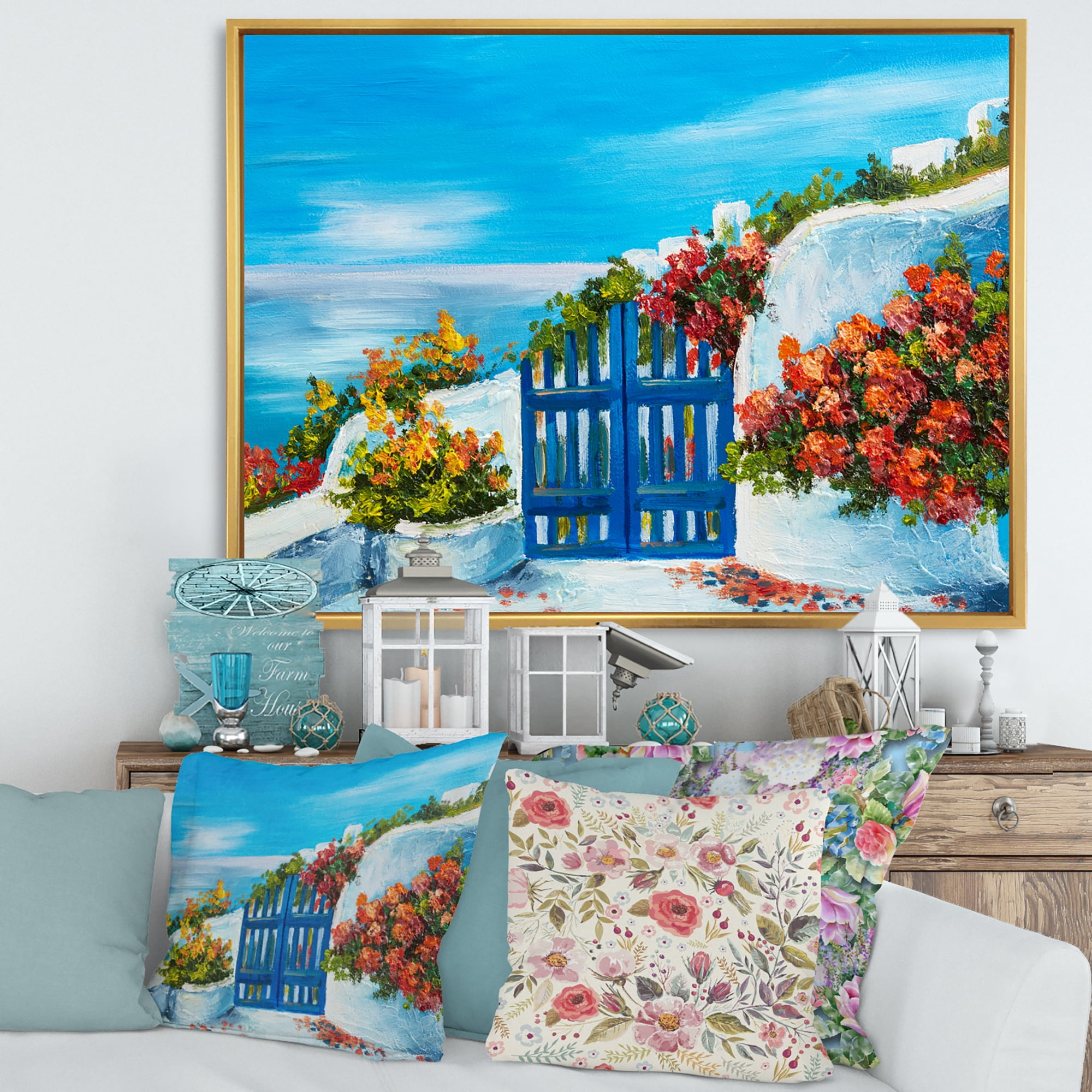 Designart 'House With Colorful Flowers Near The Sea III' Nautical & Coastal Framed Canvas Wall Art Print