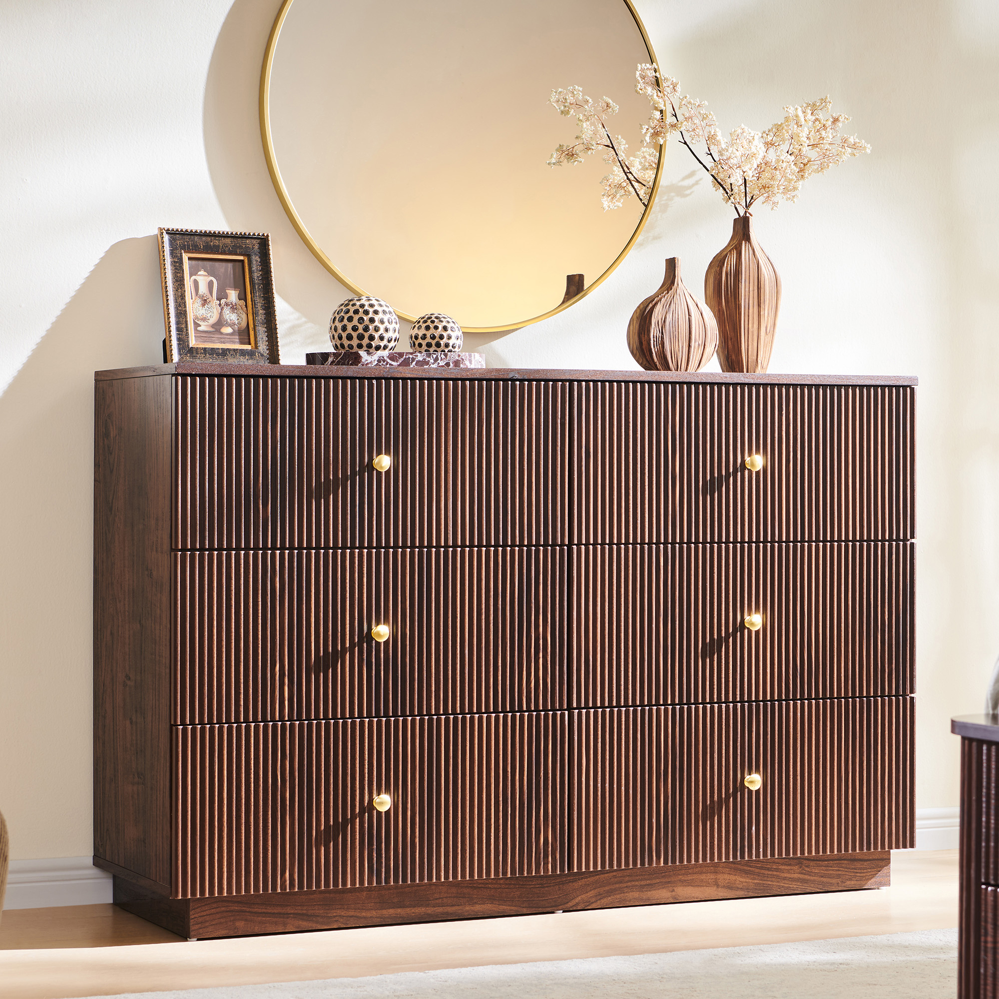 Aitjunz Fluted 6 Drawers Dresser for bedroom, Wood Chest of Drawers with Deep Storage, Tall Modern Bedroom Chest for Closet Hallway, Entryway, Living Room