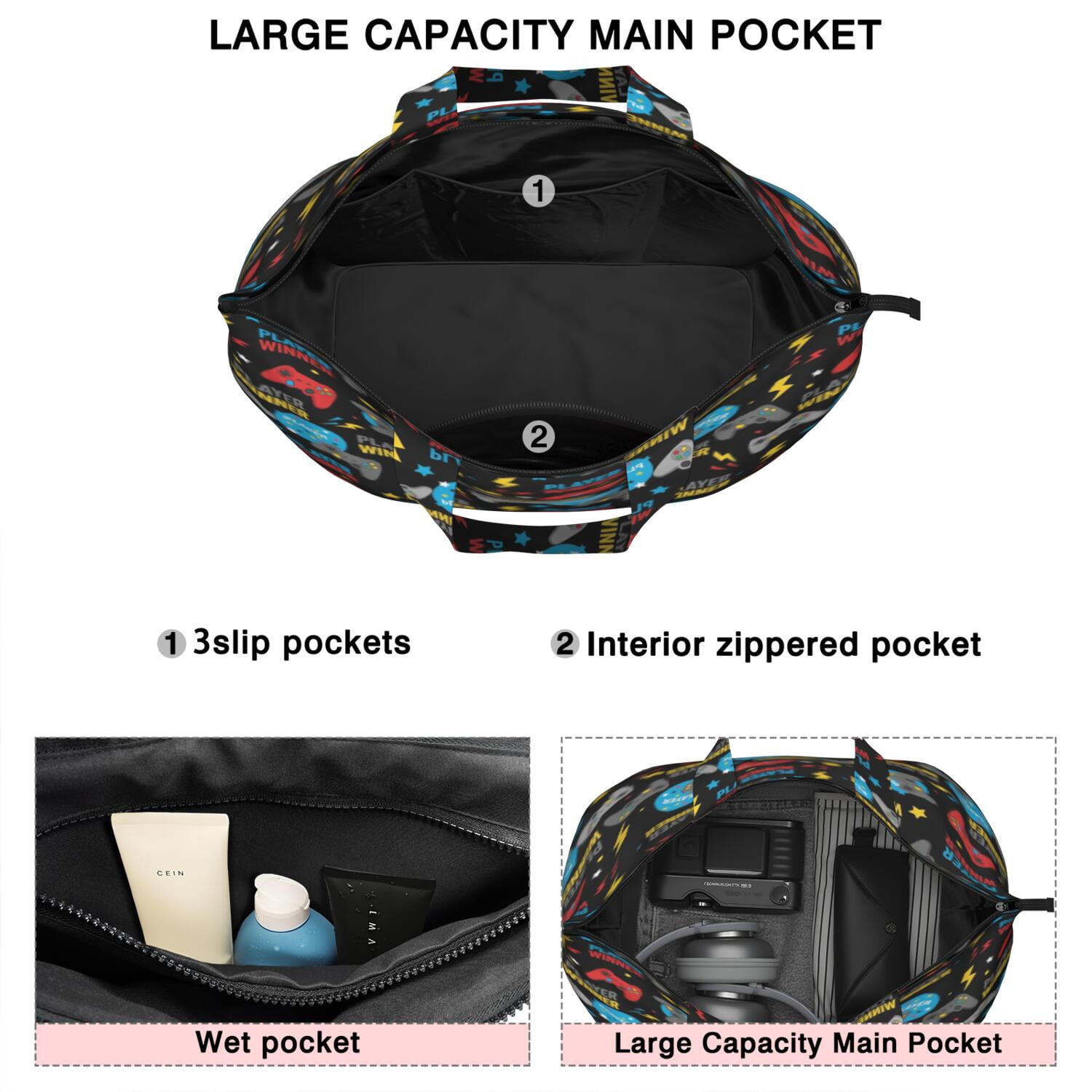 Colorful Controllers Games Badges Black Pattern Travel Tote Bags for Women Carry On,Large Weekender Bags for Women Travel,Multi Functional Duffle Bag for Work,Shopping,Sports