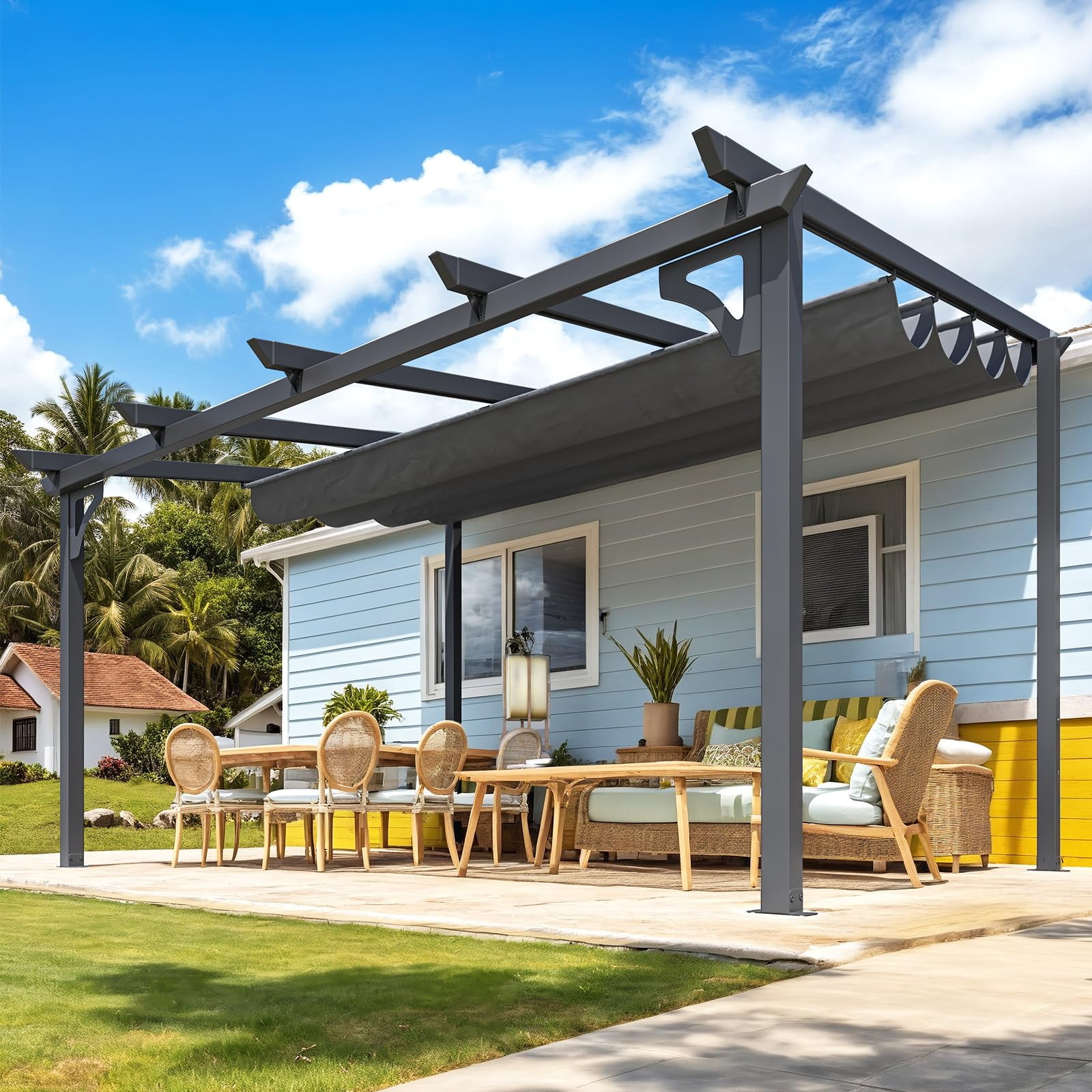 YODOLLA 14' x 10' Outdoor Lean to Gazebo, Retractable Pergola with Adjustable Sun Shade Canopy Roof, Aluminum Awnings ​for Garden, Patio, Backyard, Dark ​Gray