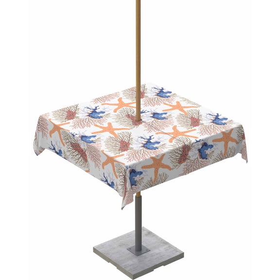 Hokiten Outdoor Tablecloths with Umbrella Hole & Zipper, Orange Coral Coastal 54x54 Inch Square Tablecloths, Summer Ocean Starfish Conch Waterproof Table Cloth, Patio/Pool/Picnic Table Covers