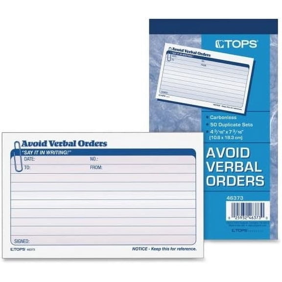 Wholesale Case of 25 - Tops Avoid Verbal Orders Book-Verbal Orders Book,Carbonless,2-Part,4-1/4"x7"