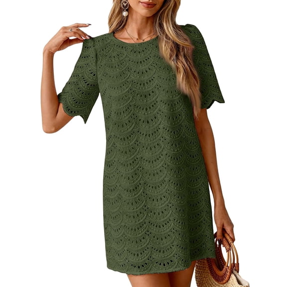 ClodeEU Women's Crew Neck Short Sleeve T-Shirt Dress,Casual Loose Textured Mini Dress Army Green,Women's Plus L