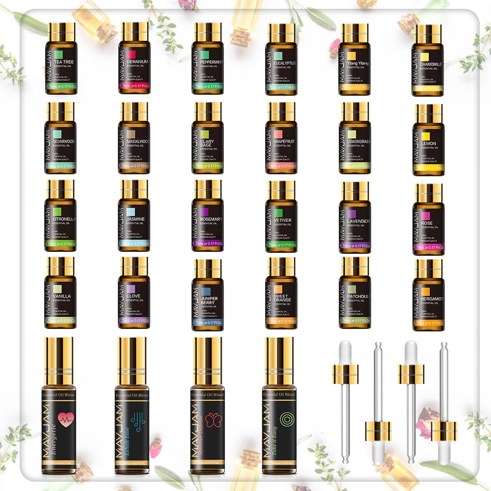MAYJAM 28pcs Essential Oils Gift Set, Lavender, Jasmine, Organic Aromatherapy Essential Oils for Diffusers for Diffuser for Skin & Hair Care Relaxation, Humidifier