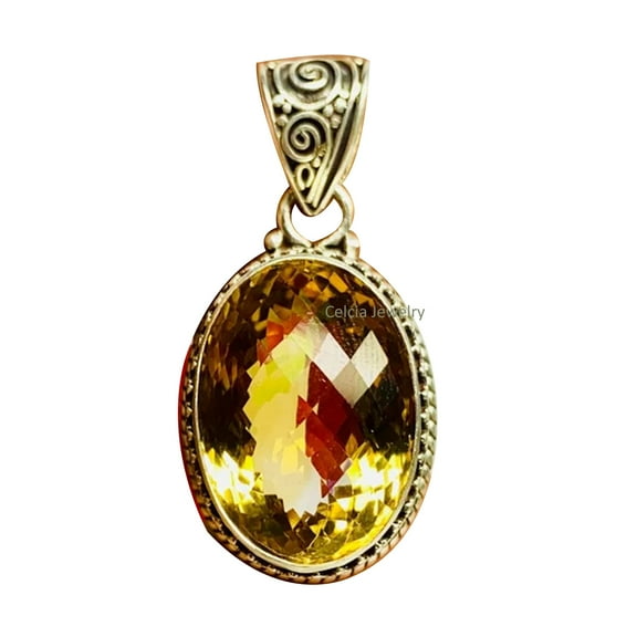 Solid 925 Sterling Silver Pendant For Women Men, Genuine Citrine Faceted Oval Gemstone Unique Handcrafted November Birthstone Jewelry