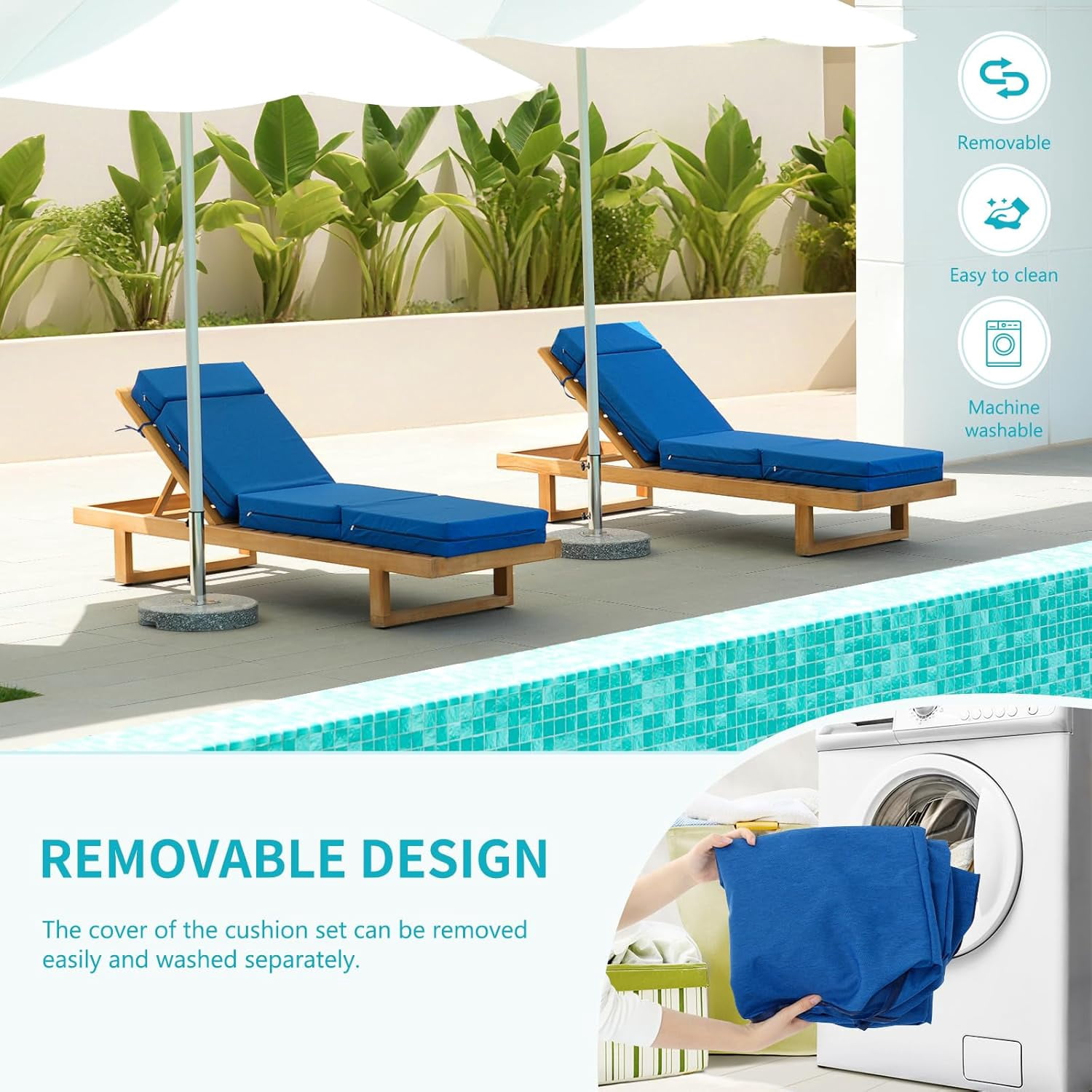 Bronkige 2 Pcs Chaise Lounge Cushions Outdoor, 72x21x5 Inch Thick Waterproof Outdoor Furniture Cushions with Removable Cover, Patio Lounge Chair Cushions for Outdoor Furniture, Blue
