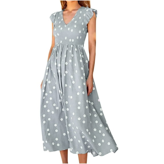 USSUMA Womens Sundresses Summer Casual High Waist Ruffle Pleated Flowy Long Maxi Party Beach Dress Polka Dot Short Sleeve Sun dresses for Women Plus V-Neck Dresses Vacation
