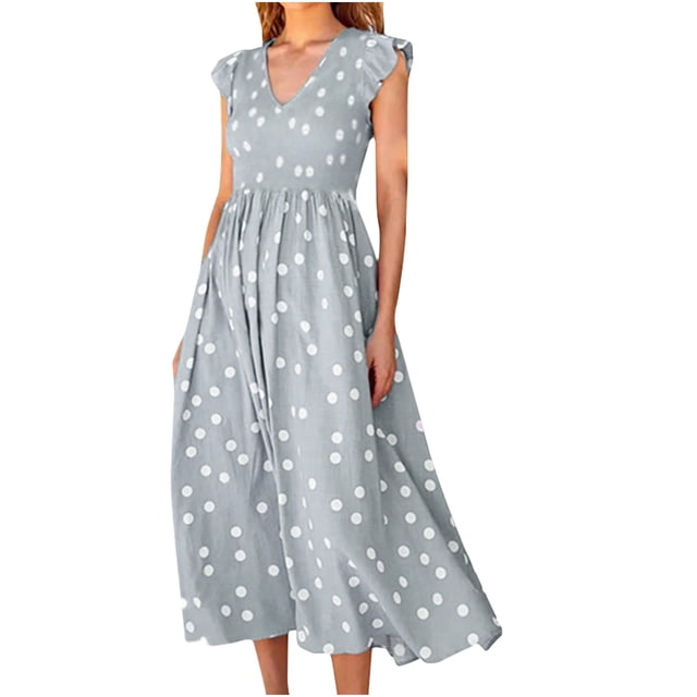 SMihono Robe Maxi Bohème d'Été pour Femmes Grande Taille Mode Femmes Décontractée à Pois Col en V Sans Manches Ceinture Longue Robe de Plage