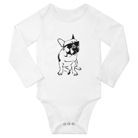 

French Bulldog with Sunglasses Cute Baby Long Sleeve Romper Bodysuits (White 6-12M)