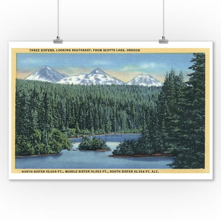 Three Sisters Mountains Near Bend, Oregon from Scotts Lake - Vintage Halftone (9x12 Art Print, Wall Decor Travel (Best Lakes Near Bend Oregon)