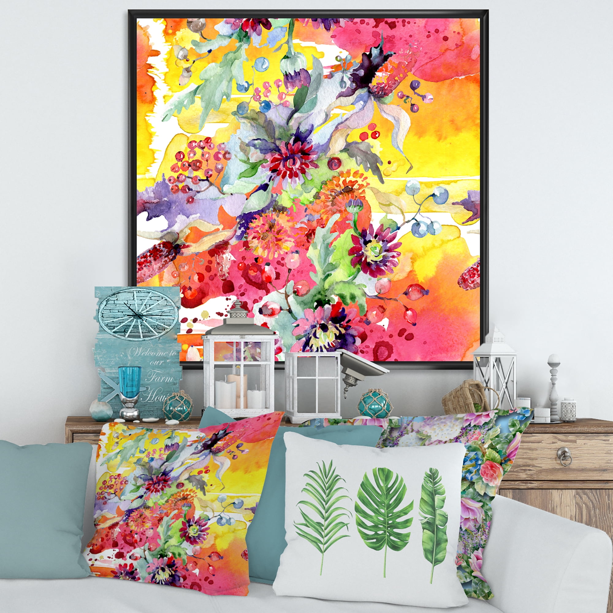 Designart 'Wildflowers and Vibrant Wild Spring Leaves' Modern Framed Canvas Wall Art Print