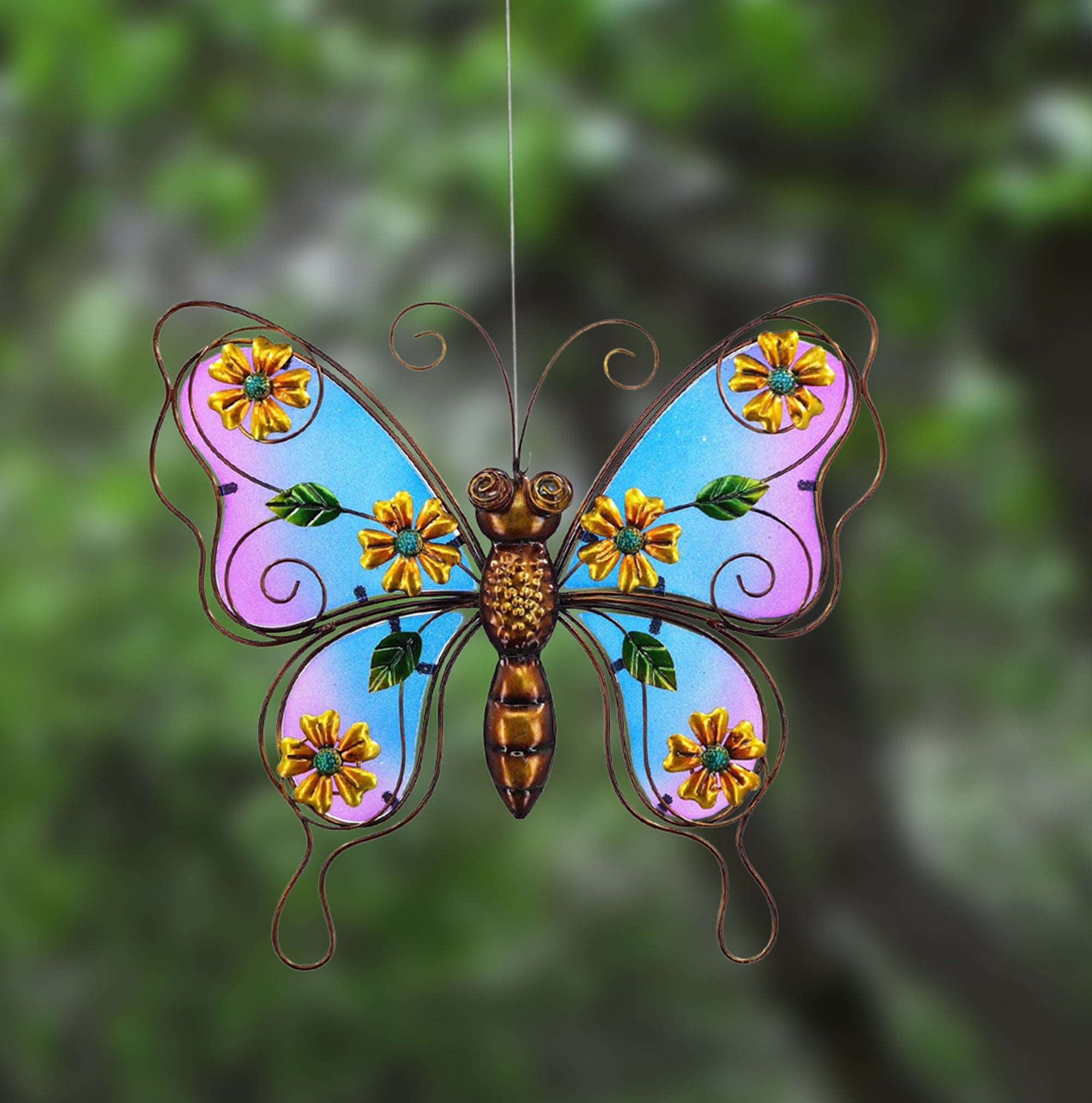 Creative Motion 14324 Patio Garden Butterfly Hanging Stained Glass Garden Decor Multi Color