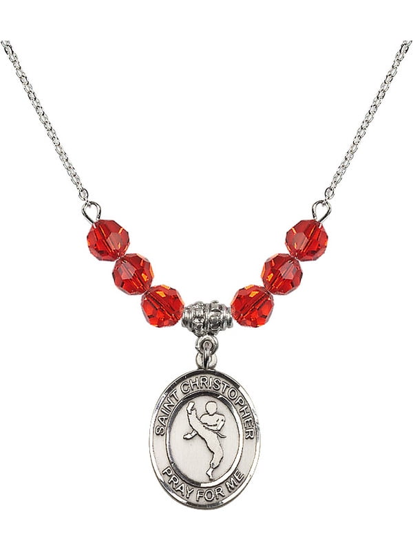18-Inch Rhodium Plated Necklace with 6mm Ruby Birthstone Beads and Sterling Silver Saint Christopher//Martial Arts Charm.