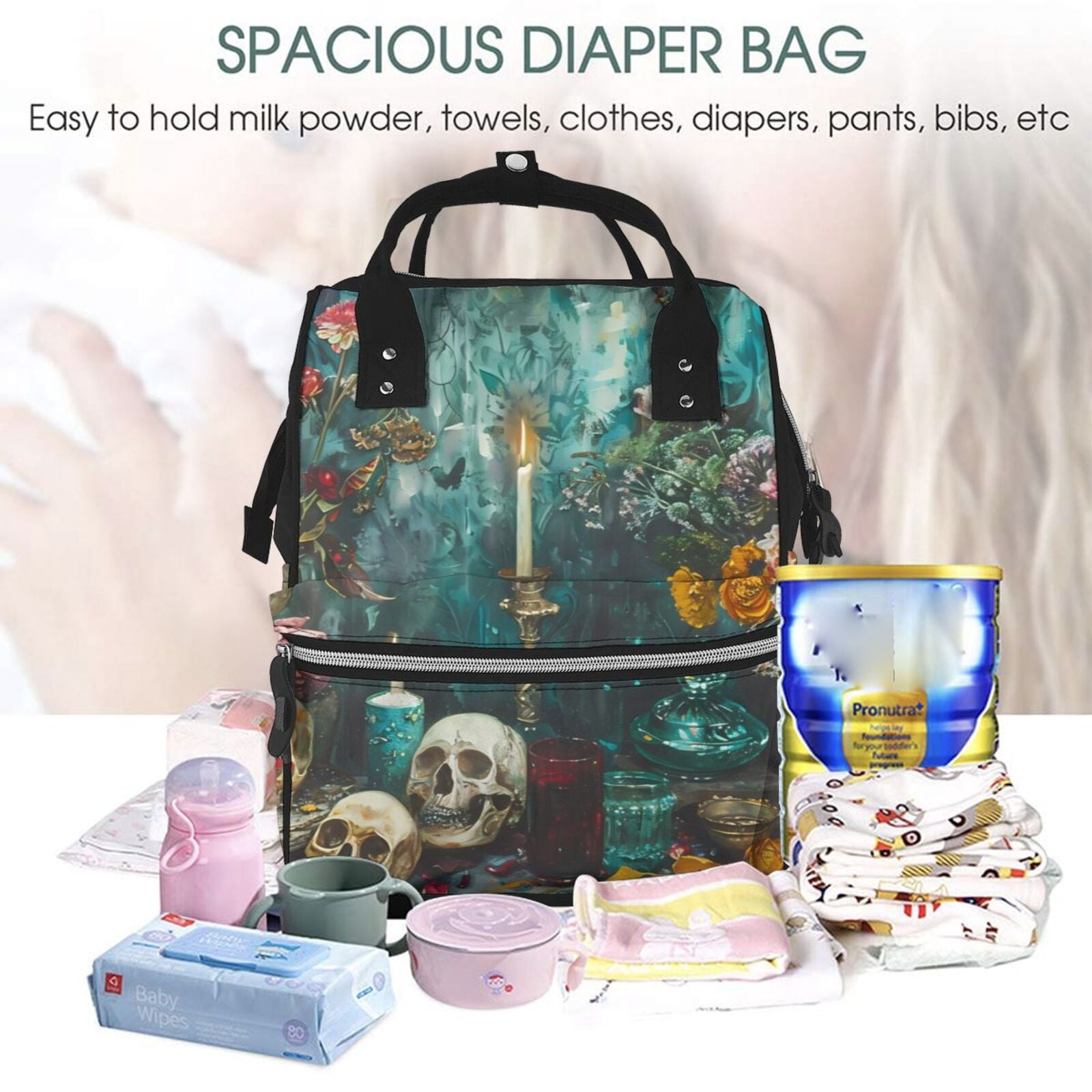 Fuzoiu Baroque Floral Still Life Print Diaper Bag Backpack,Baby Essentials Travel Tote,Multi function Waterproof Diaper Bag, Travel Essentials Baby Bag - Unisex