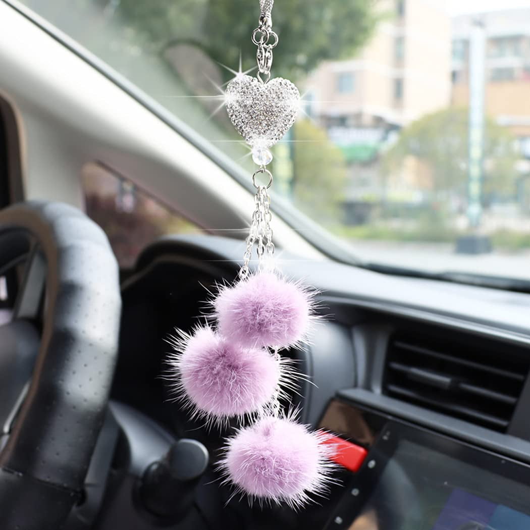 Bling Car Accessories for Women ＆ Men Bling White Heart and Lavender Fuzzy  Drops Bling Rinestones Diamond Car Accessories Crystal Car Rear View Mirror  Charms,Lucky Hanging Accessories (Lavender) 