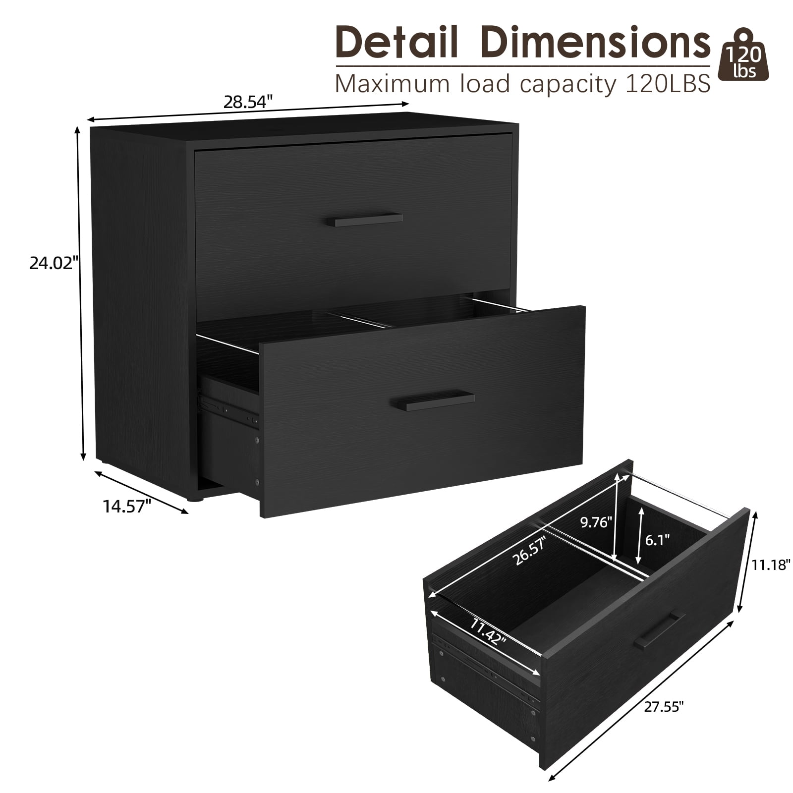Marcree Lateral File Cabinet, Wood Black File Cabinet with Hanging Bars for Letters, Horizontal File Cabinets for Home Office, Black