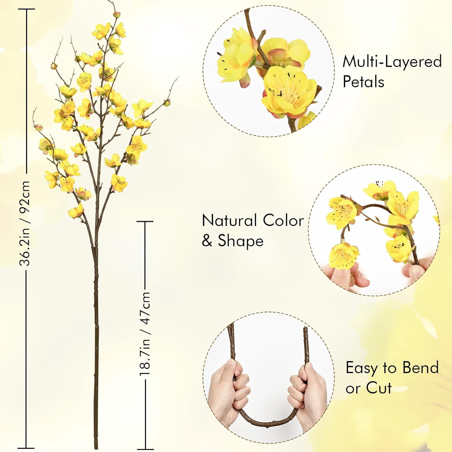 Cherry Blossom Branches for Vases, 36'' Faux Cherry Blossom Tree Decor with Long Stems, Artificial Flowers for Spring Home Indoor Outdoor Decoration (Yellow)