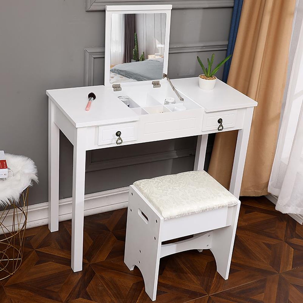 Vanity Makeup Dressing Table Set W/ Stool Flip Top Mirror 2 Drawer Writing Desk 