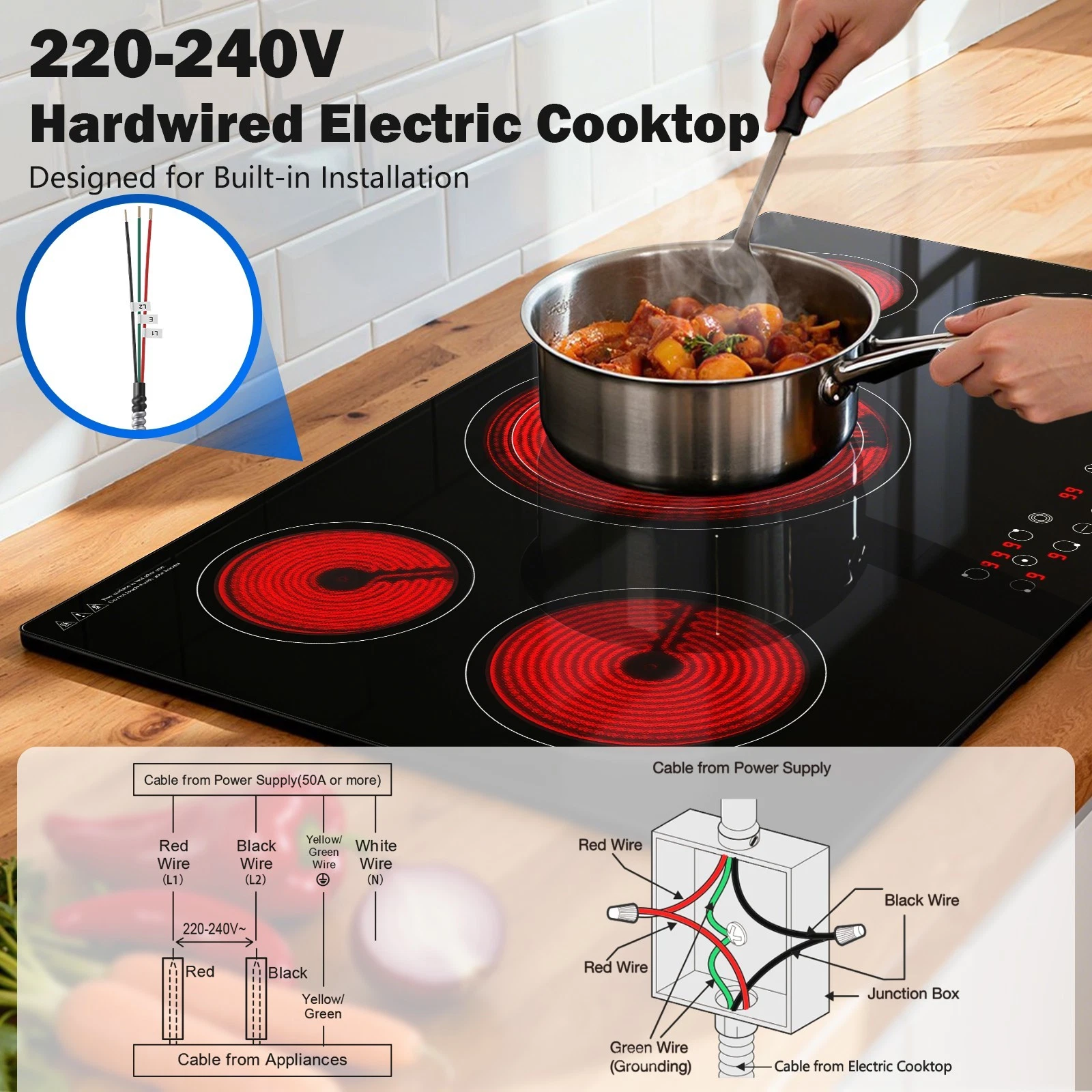 36 inch Electric Cooktop 5 Burners 9000W Built-in Glass Ceramic Electric Stove Top with Touch Control 9 Power Levels Child Lock Triple-Ring Zone 240V Hardwired for Kitchen Countertop 36"