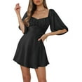 thumbnail image 2 of Womens Summer Dresses Square Neck Tie Back Lantern Sleeve Ruffle A-Line Casual Dress Black L, 2 of 9