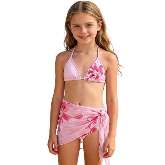 Glisme Bathing Suits For Girls 2 Piece Swimsuit Tropical Floral Print Bikini Set With Wrap Skirt Swimwear For Beach Swimming Outfit Size 9-10 Years