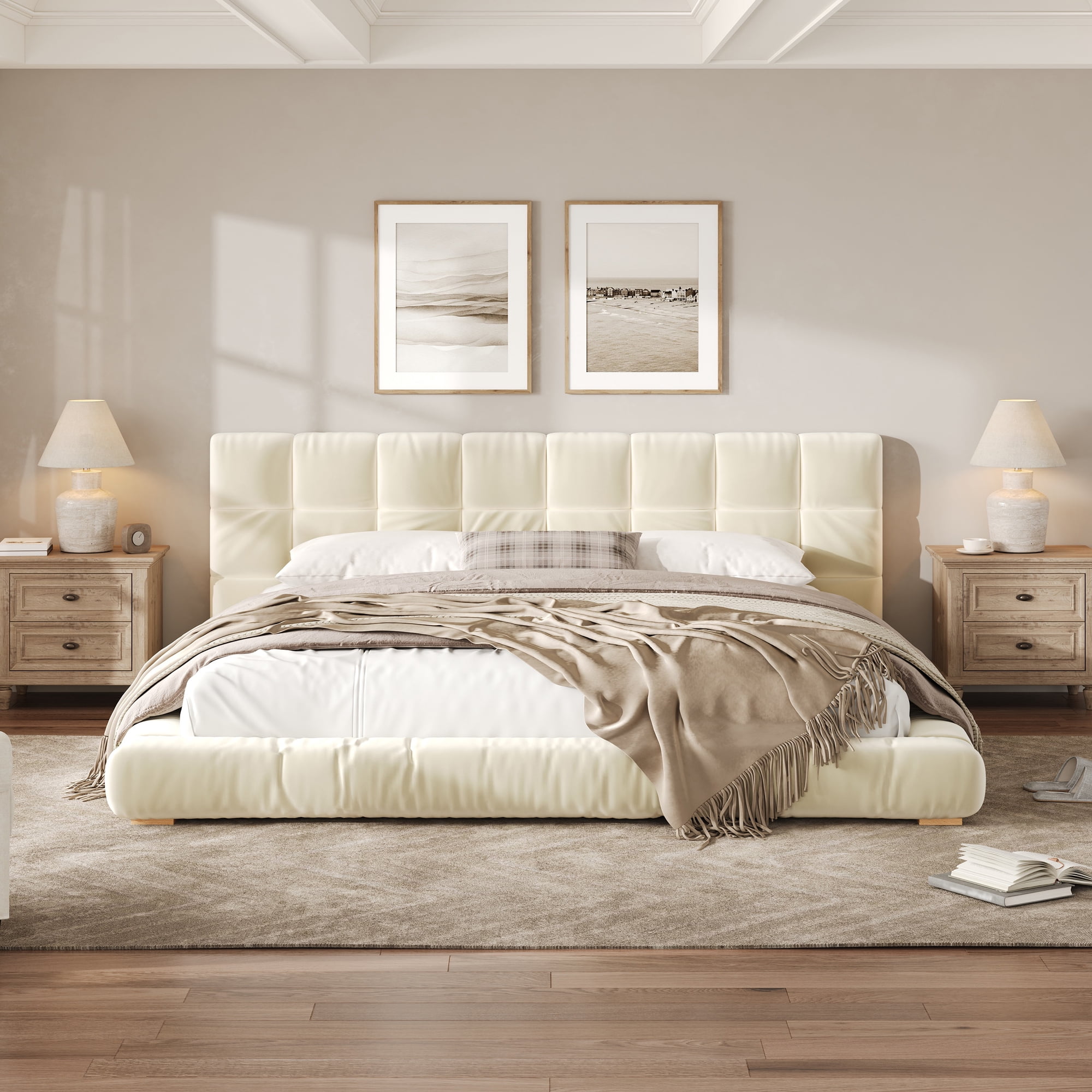 Euroco Velvet Upholstery King Size Platform Bed with Channel Tufted Headboard, Beige