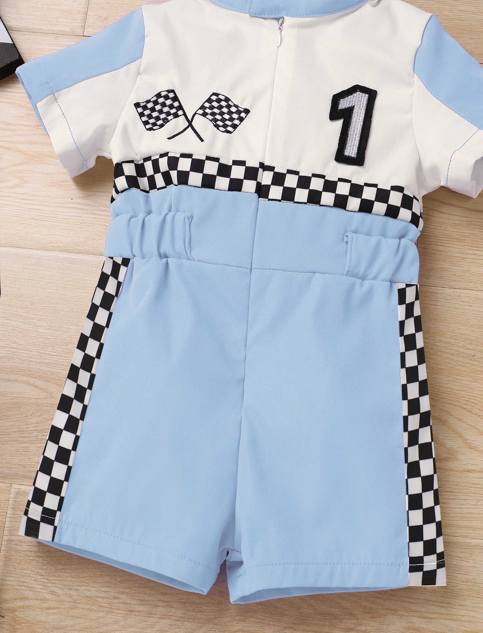 IDOPIP Baby Race Car Driver Outfit Boys Girls 1st 2nd 3rd 4th Birthday Cake Smash Photoshoot Clothes Short Sleeve Racer Romper 12-18Months Blue