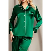 DAKIMOE Sleepwear Womens Silky Satin Pajamas Set Long Sleeve Nightwear Loungewear, Green, M